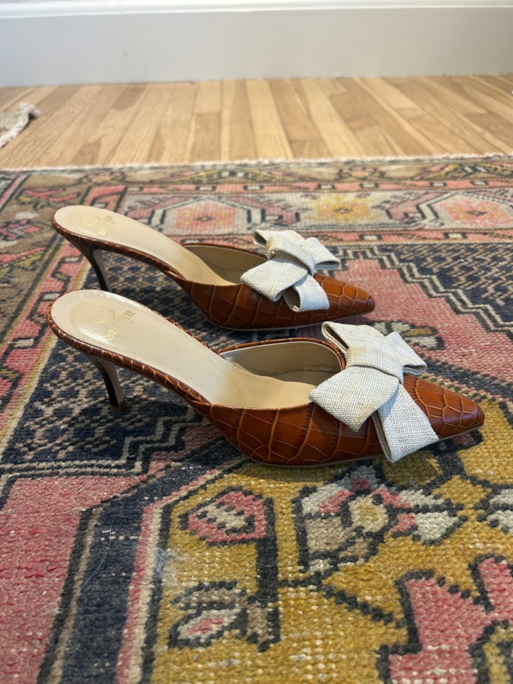 Brother Cognac Croc-Embossed Pointed-Toe Kitten Heels with Cream Bow